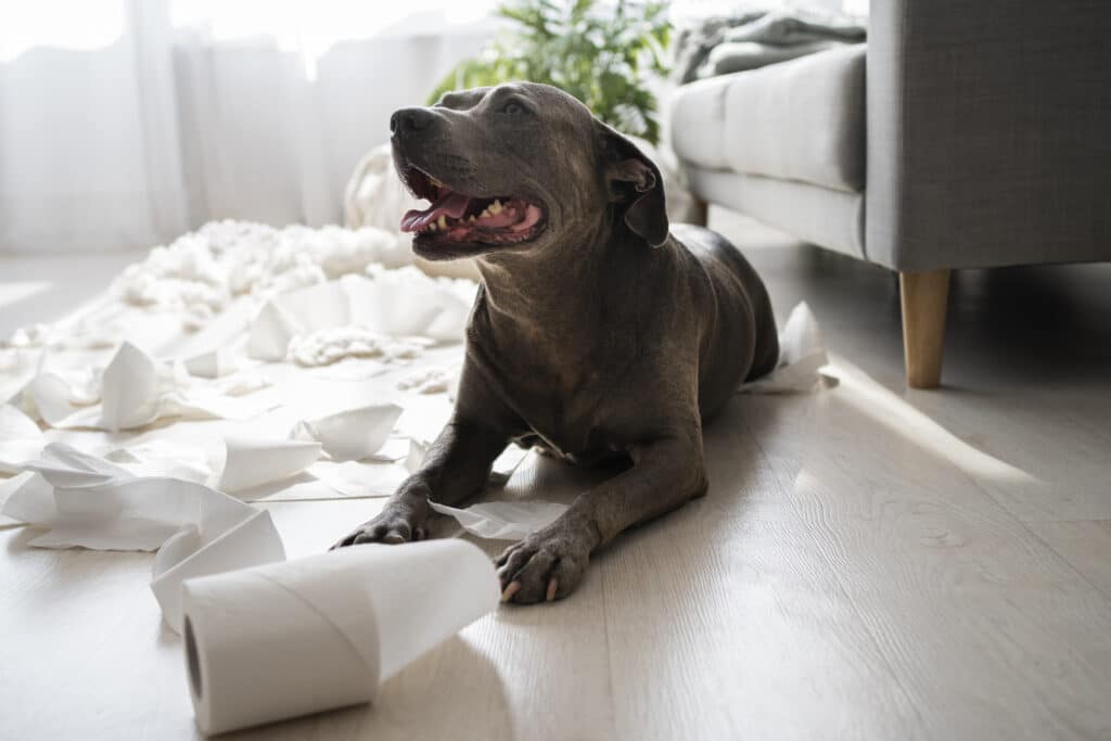 Chien qui fait ses selles dans le salon 