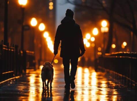 Personne qui se balade avec son chien dans la rue en pleine nuit