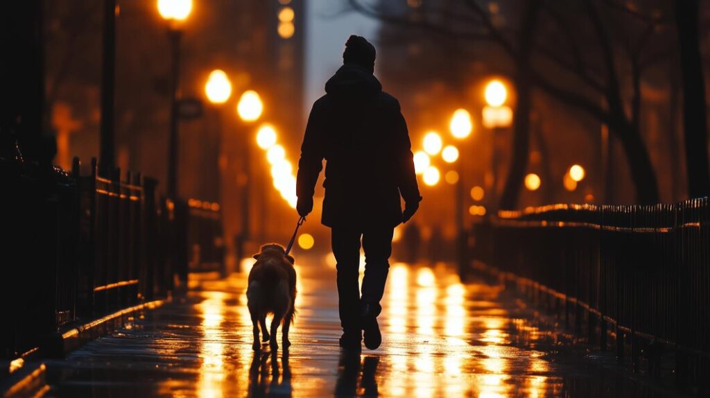 Chien qui se balade dans la rue avec son maitre en pleine nuit 