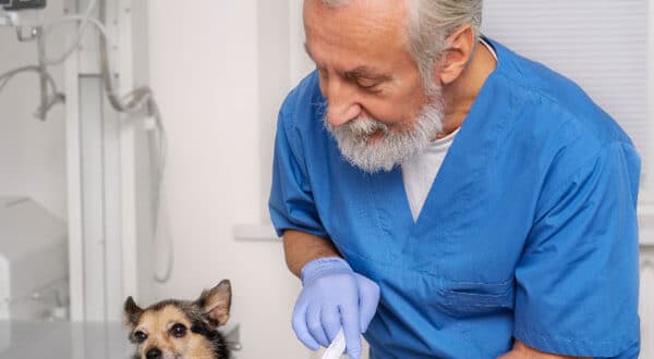 Chien avec brûlure chez le vétérinaire