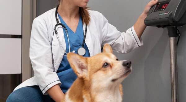 Chienne chez le vétérinaire pour une grossesse nerveuse